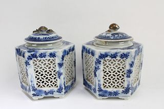 A Pair of Hexagonal-shaped Blue & White Container