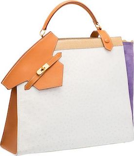Hermes White Ostrich, Ficelle Lizard, Violet Veau Doblis Suede & Natural Barenia Leather Sac Himalaya Bag with Gold Hardware Very Good to Excellent  1