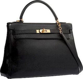 Hermes 32cm Black Ardennes Leather Retourne Kelly Bag with Gold Hardware Good to Very Good Condition 12.5" Width x 9" Height x 4" Depth