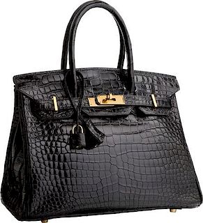 Hermes 30cm Shiny Black Porosus Crocodile Birkin Bag with Gold Hardware Very Good Condition 12" Width x 8" Height x 6" Depth