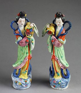 Antique Pair of Porcelain Maiden Statues