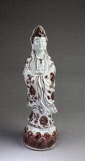 Chinese Iron Red Porcelain Standing Guanyin Statue