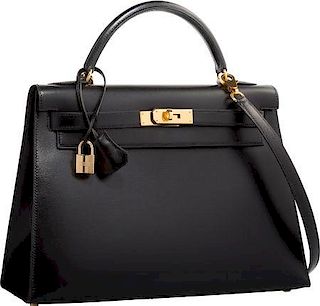 Hermes 32cm Black Calf Box Leather Sellier Kelly Bag with Gold Hardware Very Good Condition 12.5" Width x 9" Height x 4" Depth