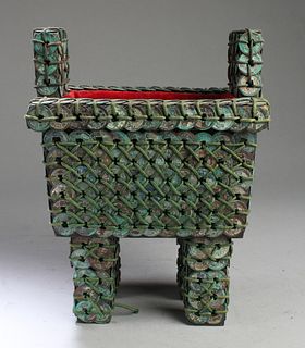 Chinese Copper Coin Wrapped Wooden Censer
