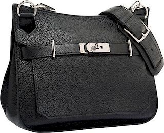 Hermes 34cm Black Clemence Leather Jypsiere Bag with Palladium Hardware Very Good to Excellent Condition 13.5" Width x 10" Height x 6" Depth