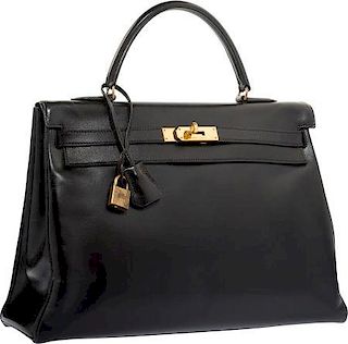 Hermes 35cm Black Calf Box Leather Retourne Kelly Bag with Gold Hardware Good Condition 14" Width x 10" Height x 5" Depth