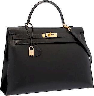 Hermes 35cm Black Calf Box Leather Sellier Kelly Bag with Gold Hardware Excellent Condition 14" Width x 10" Height x 5" Depth