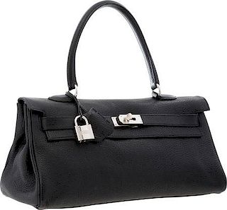 Hermes 42cm Black Togo Leather JPG Shoulder Kelly Bag with Palladium Hardware Good to Very Good Condition 16.5" Width x 7.5" Height x 6" Depth