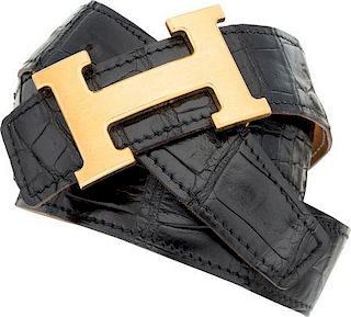 Hermes 85cm Shiny Black Alligator H Belt with Brushed Gold Hardware Good to Very Good Condition 1.25" Width x 36" Length