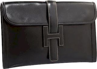 Hermes Black Calf Box Leather Jige MM H Clutch Bag Good Condition 11.5" Width x 7" Height x 1" Depth