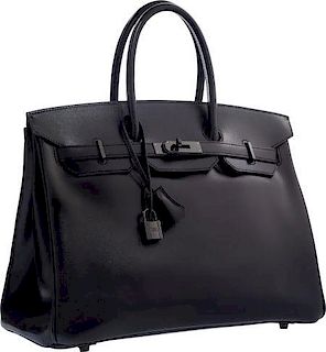 Hermes Limited Edition 35cm So Black Calf Box Leather Birkin Bag with PVD Hardware Very Good to Excellent Condition 14" Width x 10" Height x 7" Depth