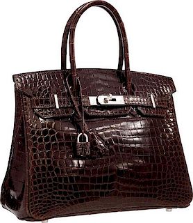Hermes 30cm Shiny Cocoan Porosus Crocodile Birkin Bag with Palladium Hardware Very Good Condition 12" Width x 8" Height x 6" Depth