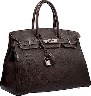 Hermes 35cm Ebene Fjord Leather Birkin Bag with Palladium Hardware Very Good to Excellent Condition 14" Width x 10" Height x 7" Depth