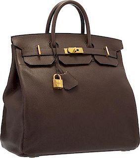 Hermes 40cm Chocolate Clemence Leather HAC Birkin Bag with Gold Hardware Very Good to Excellent Condition 15.5" Width x 14" Height x 9" Depth