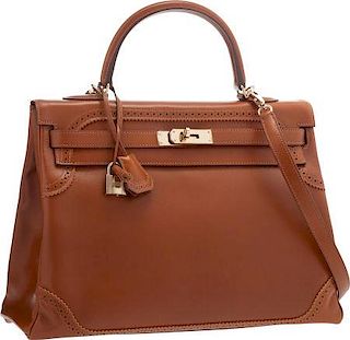 Hermes Limited Edition 32cm Fauve Tadelakt Leather Retourne Ghillies Kelly Bagÿwith Permabrass Hardware Excellent to Pristine Condition 12.5" Width x