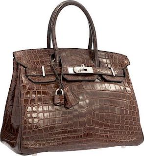 Hermes 30cm Shiny Havane Nilo Crocodile Birkin Bag with Palladium Hardware  Very Good Condition  12" Width x 8" Height x 6" Depth
