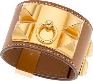 Hermes Natural Barenia Leather Collier de Chien Bracelet with Gold Hardware Excellent to Pristine Condition 1.5" Width
