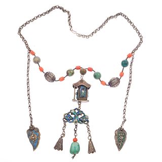 19th Century Chinese Coral, Turquoise, Enamel Necklace