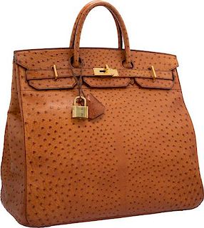 Hermes 45cm Cognac Ostrich HAC Birkin Bag with Gold Hardware Good to Very Good Condition 17.5" Width x 15" Height x 10" Depth