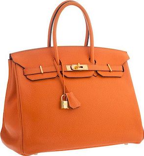 Hermes 35cm Orange H Clemence Leather Birkin Bag with Gold Hardware Very Good to Excellent Condition 14" Width x 10" Height x 7" Depth