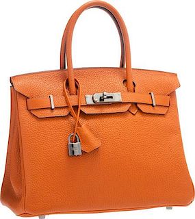 Hermes 30cm Potiron Clemence Leather Birkin Bag with Ruthenium Hardware Excellent Condition 12" Width x 8" Height x 6" Depth