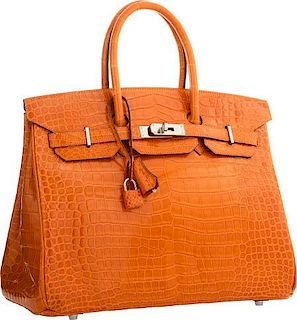 Hermes 35cm Shiny Orange H Porosus Crocodile Birkin Bag with Palladium Hardware Very Good Condition 14" Width x 10" Height x 7" Depth