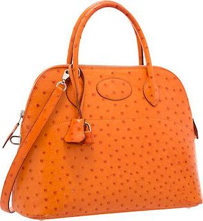 Hermes 31cm Tangerine Ostrich Sellier Bolide Bag with Palladium Hardware Good to Very Good Condition 12" Width x 9.5" Height x 5" Depth