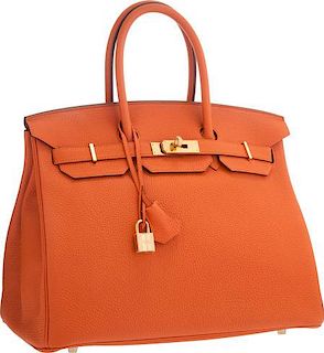 Hermes 35cm Potiron Togo Leather Birkin Bag with Gold Hardware Pristine Condition 14" Width x 10" Height x 7" Depth