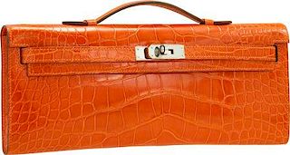 Hermes Shiny Orange H Alligator Kelly Cut Clutch Bag with Palladium Hardware Excellent to Pristine Condition 12" Width x 5" Height x 1" Depth
