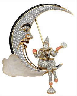 18 Karat Gold Brooch, crescent moon with face and clown figure atop, all on frosted glass cloud, figure with diamond face and round diamond drop with 