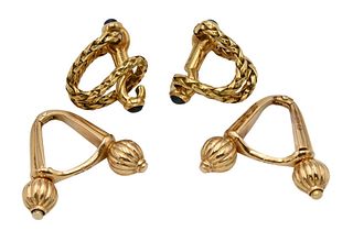 Two Pairs of 18 Karat Gold Cufflinks, to include one marked Boucheron, mounted with blue sapphires, #29854; the other pair marked with French hallmark