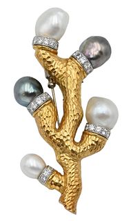Tambetti 18 Karat Gold Brooch, in the form of a coral branch, set with 35 diamonds along with 5 pearls: 2 grey, 3 white, 9.6 to 12.3 millimeters pearl