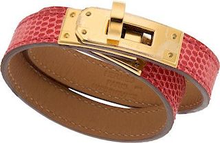 Hermes Bougainvillea Lizard Kelly Double Tour Bracelet with Gold Hardware Pristine Condition .5" Width x 13" Length