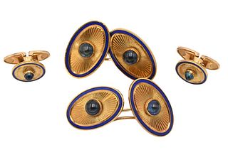 Four Piece Lot, to include a pair of gold cufflinks, oval with blue enamel surround and center sapphire; along with two matching shirt buttons; 13 gra