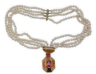 Tambetti 18 Karat Gold Pendant, on necklace of four strands of pearls, pendant set with two oval pink stones and small diamonds, pearls are 4 millimet