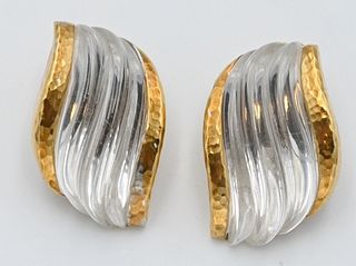 Webb Pair of 18 Karat Gold Earrings, having crystal inserts, 1 1/4 inches.