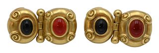 Pair of 18 Karat Gold Earrings, hinged double oval with oval cut stones, each marked 18 karat MS, pierced, height 1 1/2 inches, 31.7 grams total weigh