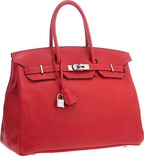 Hermes 35cm Rouge Vif Clemence Leather Birkin Bag with Palladium Hardware Good to Very Good Condition 14" Width x 10" Height x 7" Depth