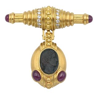 18 Karat Yellow Gold Brooch in the Manner of Elizabeth Locke, having t-bar, set with 16 diamonds and ruby end with attached pendant having classical o