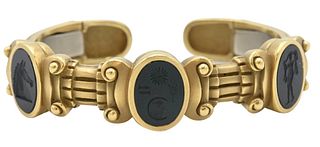 Kieselstein-Cord 18 Karat Gold Cuff Bracelet, set with three oval etched panels to include one onyx with horse head; one ruby color with woman; one bl
