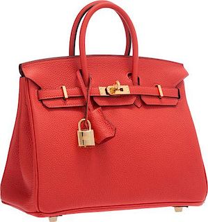 Hermes 25cm Rouge Pivoine Togo Leather Birkin Bag with Gold Hardware Pristine Condition 9.5" Width x 8" Height x 5" Depth
