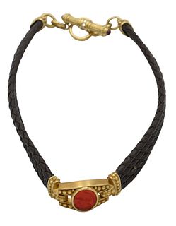 Judith _____ 18 Karat Gold and Four Strand Leather Necklace, having t-bar, mounted with diamonds and ruby eyes, center with amber oval stone with etch