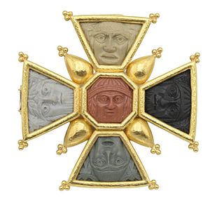 Elizabeth Locke 18 Karat Gold Brooch/Pendant, in the form of a cross, having five carved stone faces along with four lobes, 2 1/4 x 2 1/4 inches, tota
