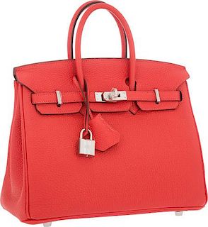 Hermes 25cm Rouge Pivoine Togo Leather Birkin Bag with Palladium Hardware Pristine Condition 9.5" Width x 8" Height x 5" Depth