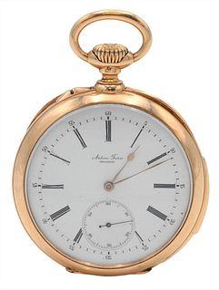 Antoine Freres 18 Karat Gold Open Face Pocket Watch, with repeater, case numbered 60243 Besancon, porcelain dial with second hand, 53.8 millimeters. P