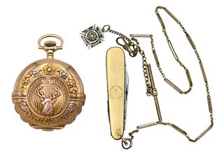 Hamilton 14 Karat Gold Hunting Case Pocket Watch, having multi-color gold case with stag head and flowers, porcelain dial with one line near number 4,