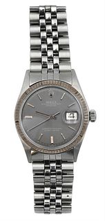 Rolex Oyster Perpetual Datejust Stainless Men's Wristwatch, having grey face, 14 karat white gold fluted bezel and sapphire crystal, model 1601/44, se