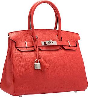 Hermes 30cm Rouge Pivoine Clemence Leather Birkin Bag with Palladium Hardware Excellent to Pristine Condition 12" Width x 8" Height x 6" Depth