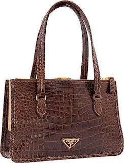 Prada Shiny Brown Crocodile Tote Bag with Brushed Gold Hardware Good to Very Good Condition 10" Width x 6.5" Height x 3.5" Depth