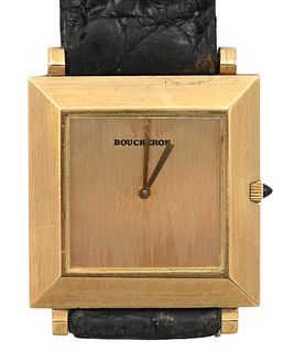 Boucheron 18 Karat Gold Mens Square Wristwatch, having a Cartier leather and 18 karat gold band, 25.7 millimeters.